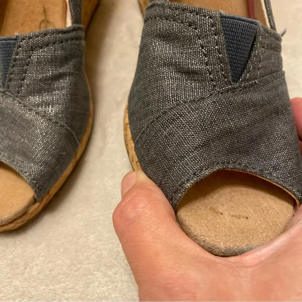 Toms Silver Sparkle Blue Denim Peep Toe Wedges with Cork Heel